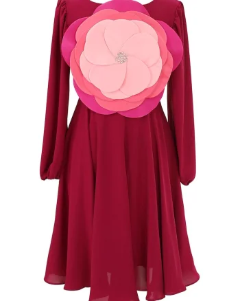 Rochie mini evazata cu aplicatie florala, Fucsia