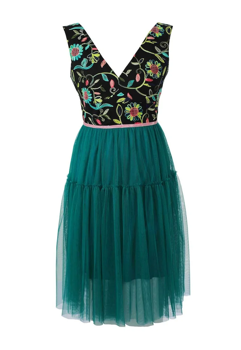 Rochie evazata cu decolteu in V fara maneci, Negru/Verde persan