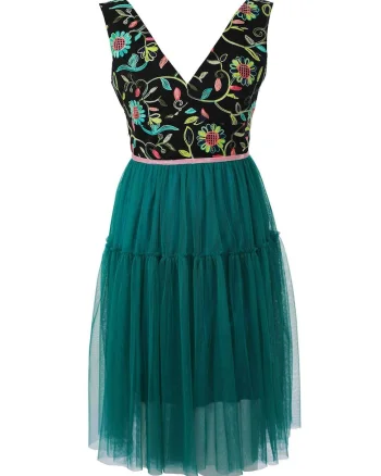 Rochie evazata cu decolteu in V fara maneci, Negru/Verde persan