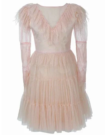 Rochie de tul cu insertii de dantela, Piersica
