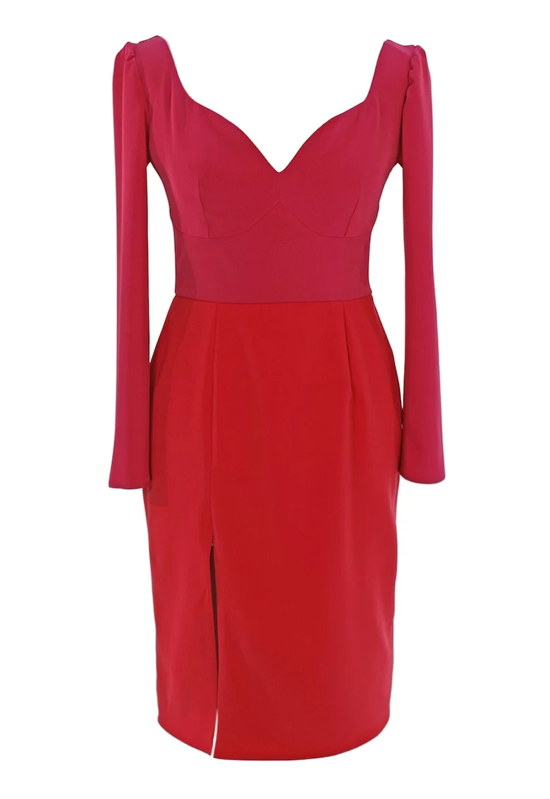 Rochie midi cu model colorblock, Fucsia/Rosu vermillion