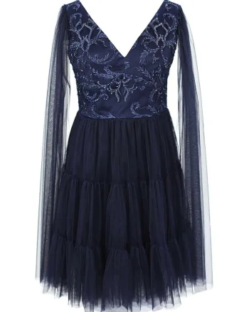 Rochie stratificata din tul cu broderie, Bleumarin