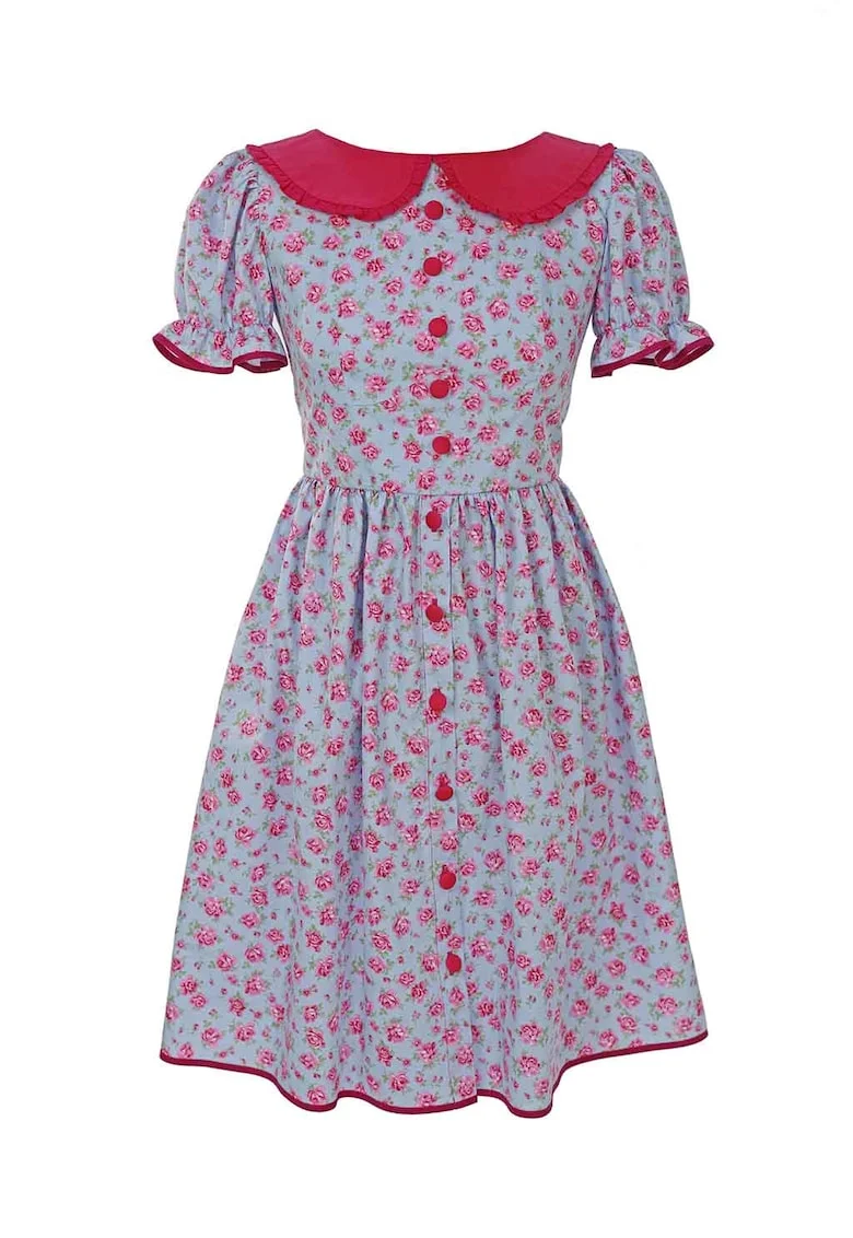Rochie cu model floral si guler Peter-Pan Rozalia, Verde/Fucsia/Albastru deschis