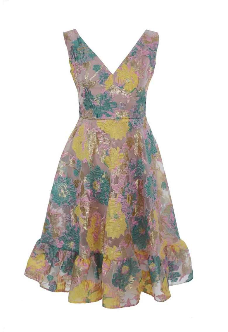Rochie fara maneci cu decolteu in V si imprimeu, Verde/Galben/Roz prafuit