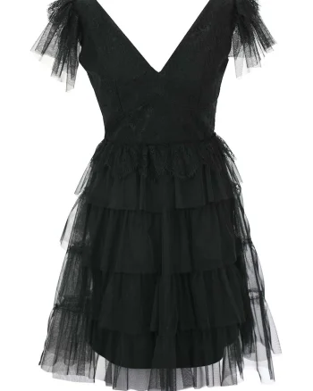 Rochie midi stratificata cu decolteu in V, Negru