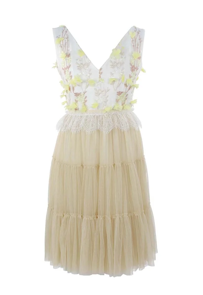 Rochie cu decolteu in V si broderie florala, Alb/Galben pal/Maro camel