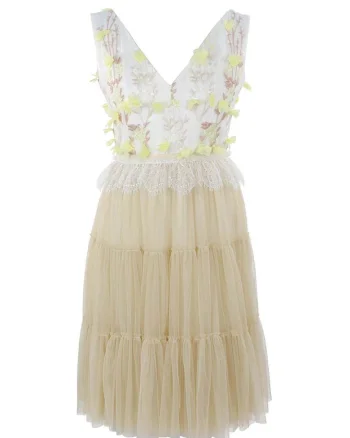 Rochie cu decolteu in V si broderie florala, Alb/Galben pal/Maro camel