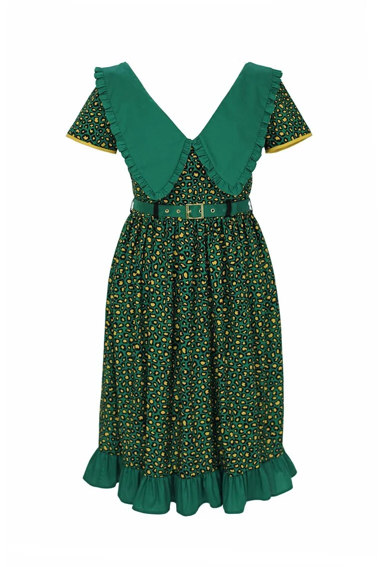 Rochie evazata cu animal print si guler supradimensionat Cecile, Verde
