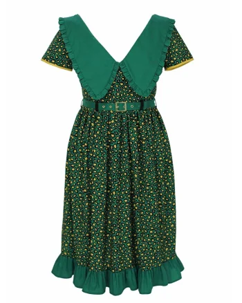 Rochie evazata cu animal print si guler supradimensionat Cecile, Verde