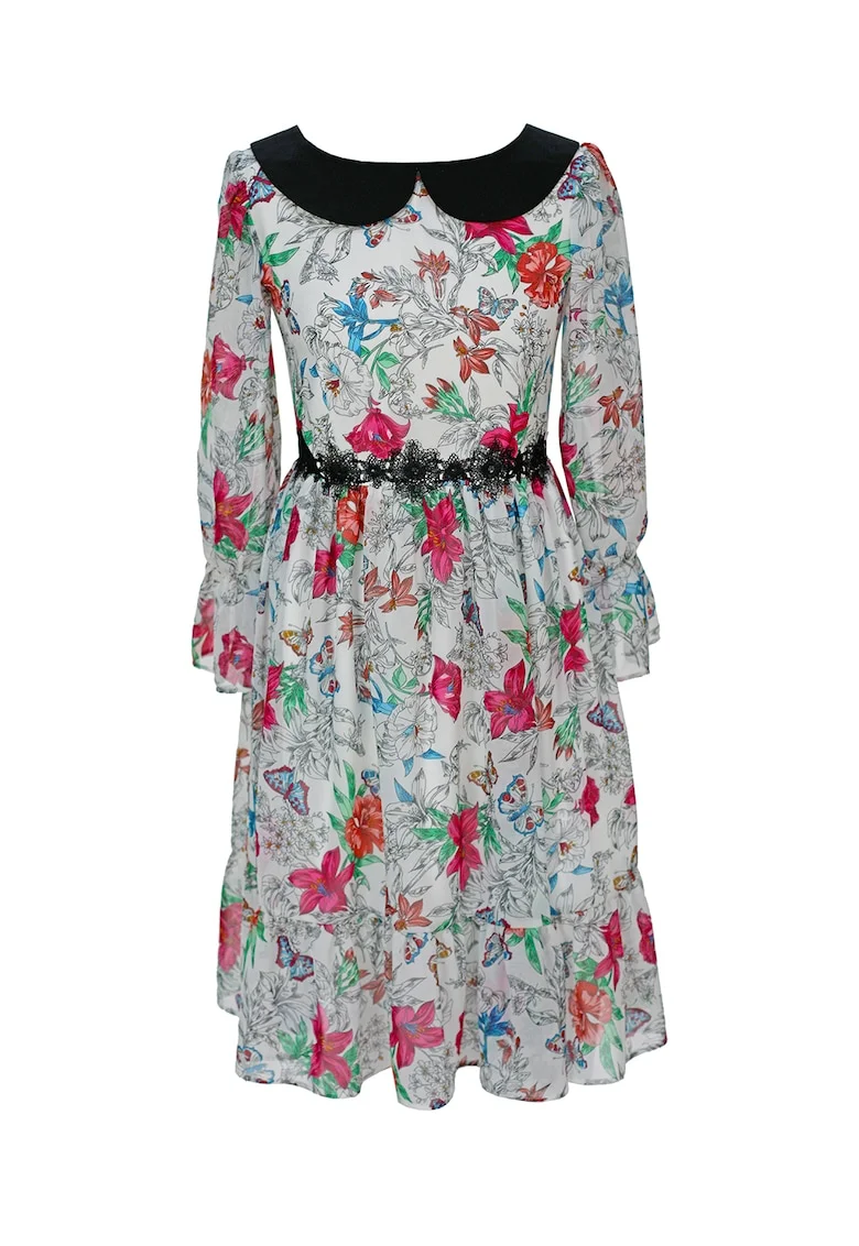 Rochie cu model floral si guler Peter Pan Lolah, Alb/Verde/Fucsia