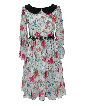 Rochie cu model floral si guler Peter Pan Lolah, Alb/Verde/Fucsia