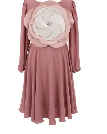 Rochie mini evazata cu aplicatie florala, Roz prafuit