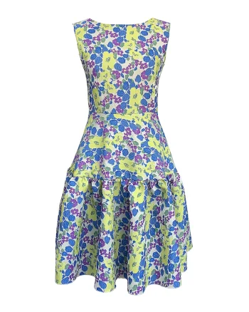 Rochie cu imprimeu floral si terminatie evazata Olivia, Verde/Lila/Albastru