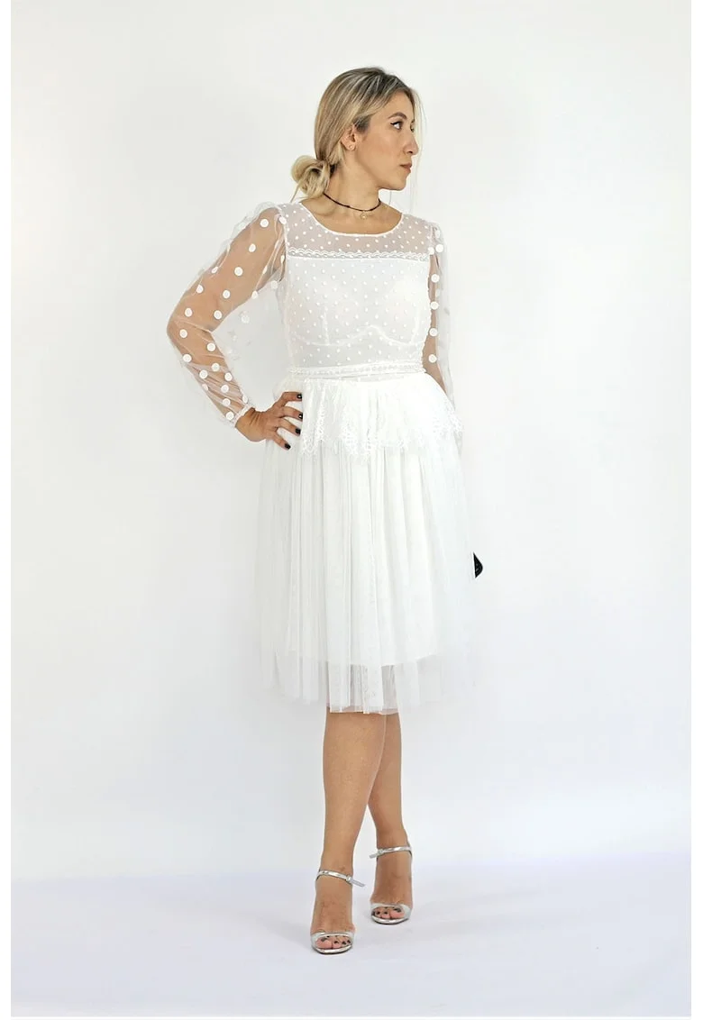 Rochie midi evazata cu insertie de dantela Stefany, Alb