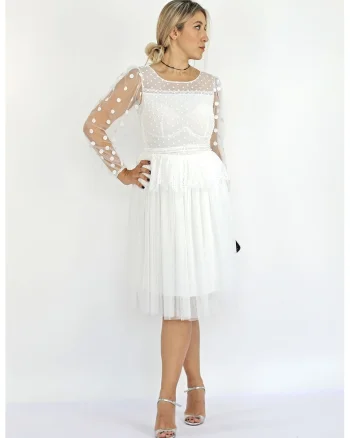 Rochie midi evazata cu insertie de dantela Stefany, Alb