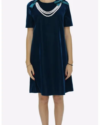 Rochie evazata din catifea cu colier detasabil Ama, Bleumarin