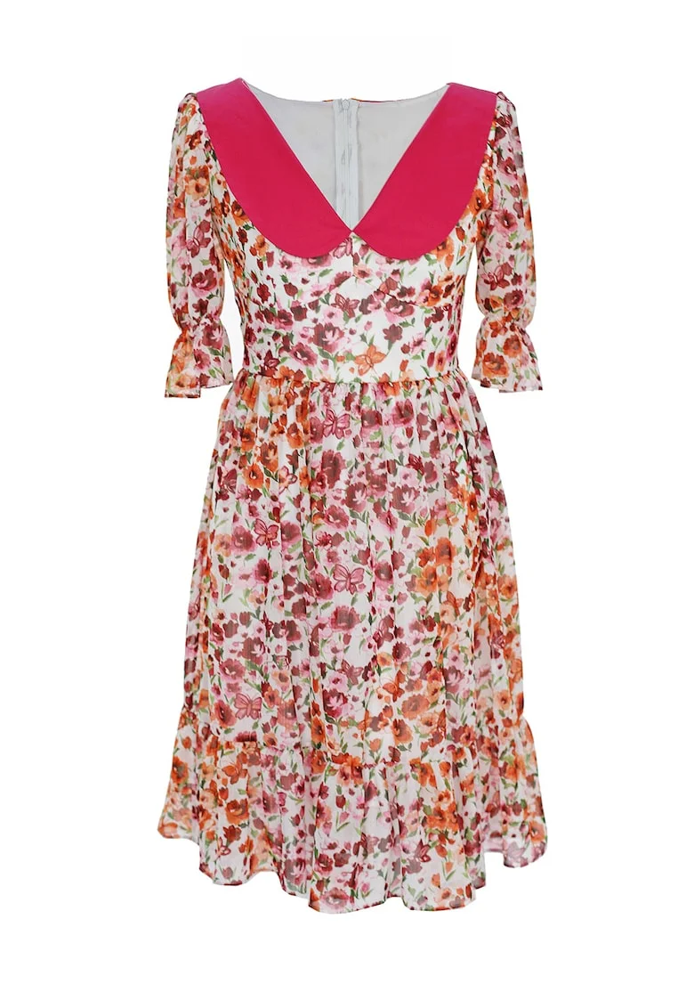 Rochie vaporoasa cu model floral Claudine, Rosu/Verde/Alb optic