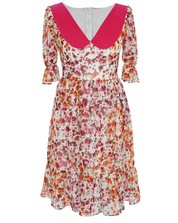 Rochie vaporoasa cu model floral Claudine, Rosu/Verde/Alb optic