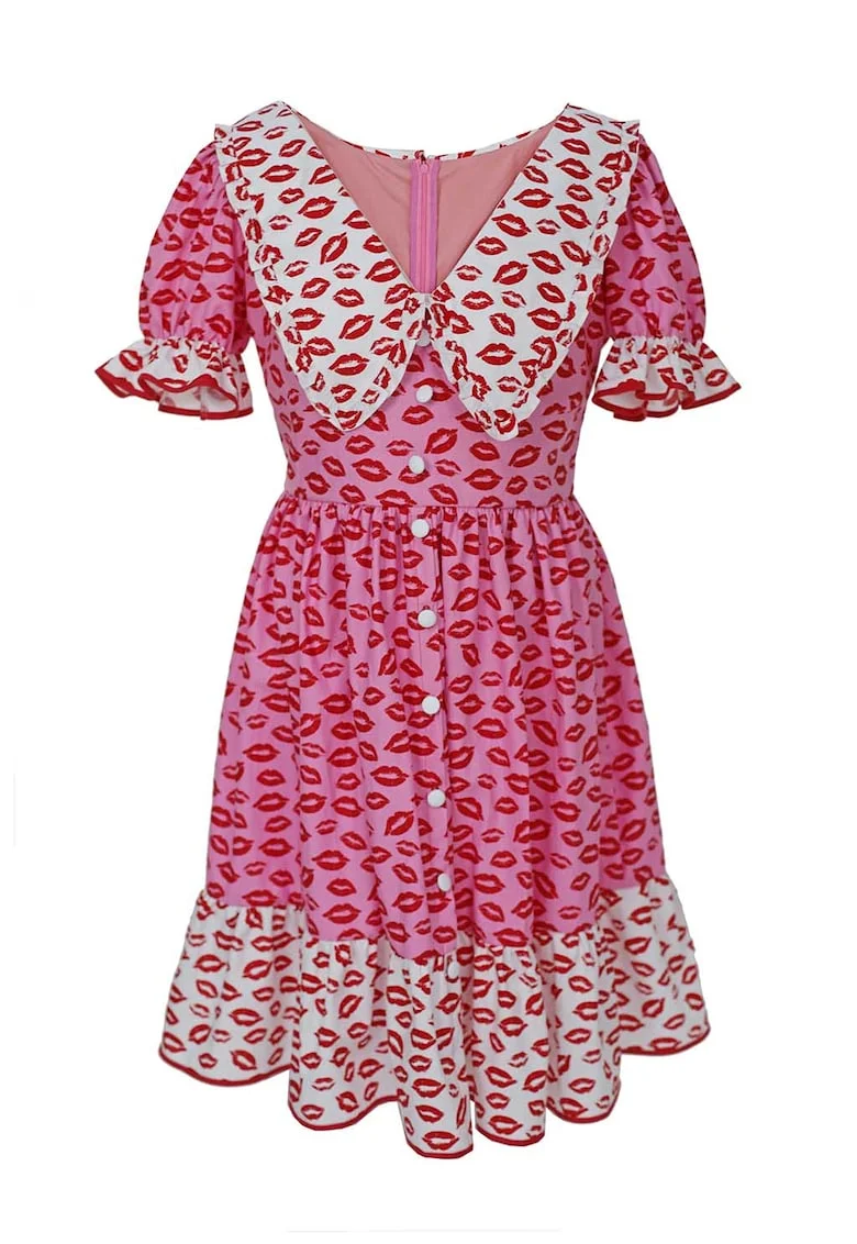 Rochie mini evazata cu nasturi decorativi Adelina, Rosu/Alb/Fucsia