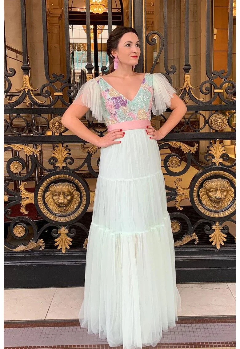 Rochie maxi cu decolteu in V si broderie in partea de sus Medeea, Violet/Verde pal/Roz pal