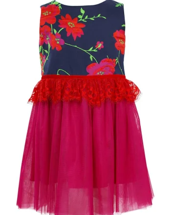 Rochie evazata cu imprimeu floral Gabriella, Fucsia/Bleumarin