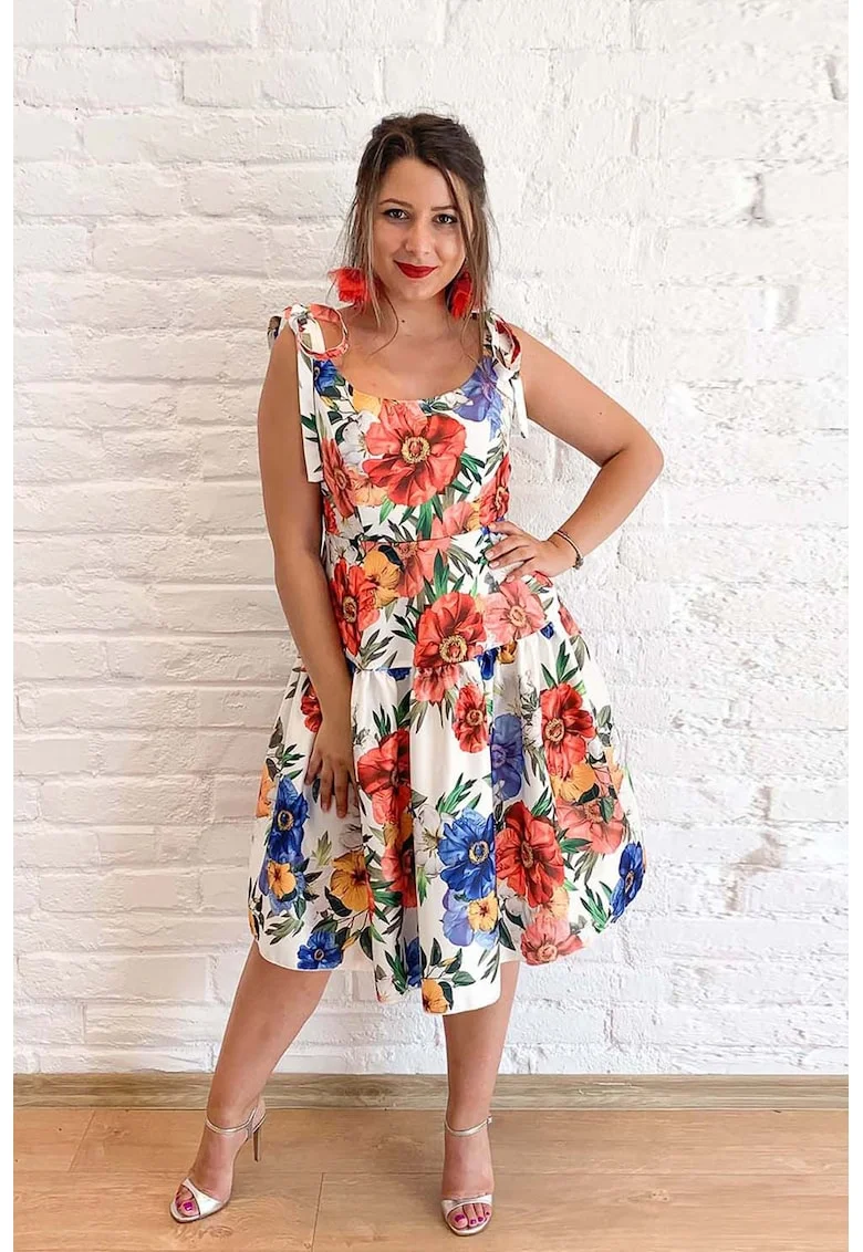 Rochie midi evazata cu imprimeu floral, Verde/Portocaliu stins/Alb murdar