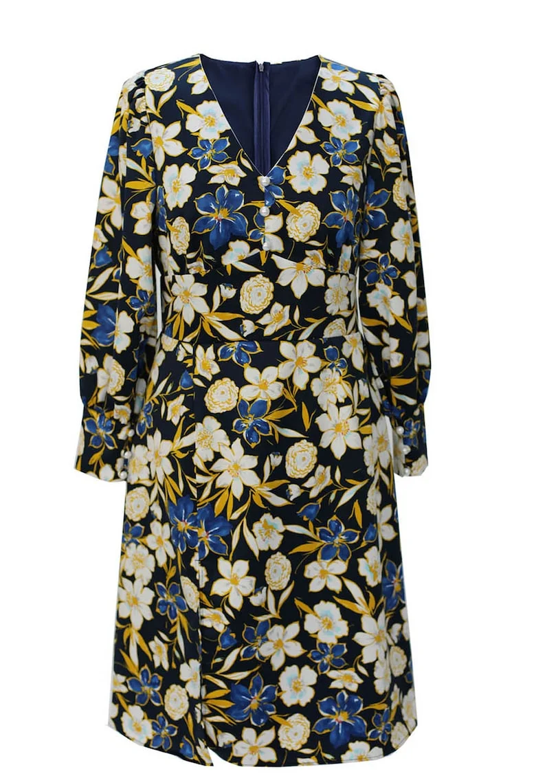 Rochie cu model floral si decolteu in V Poesie, Negru/Galben/Albastru