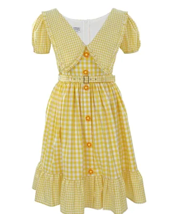 Rochie cu model in carouri si guler amplu Luna, Alb/Galben sofran