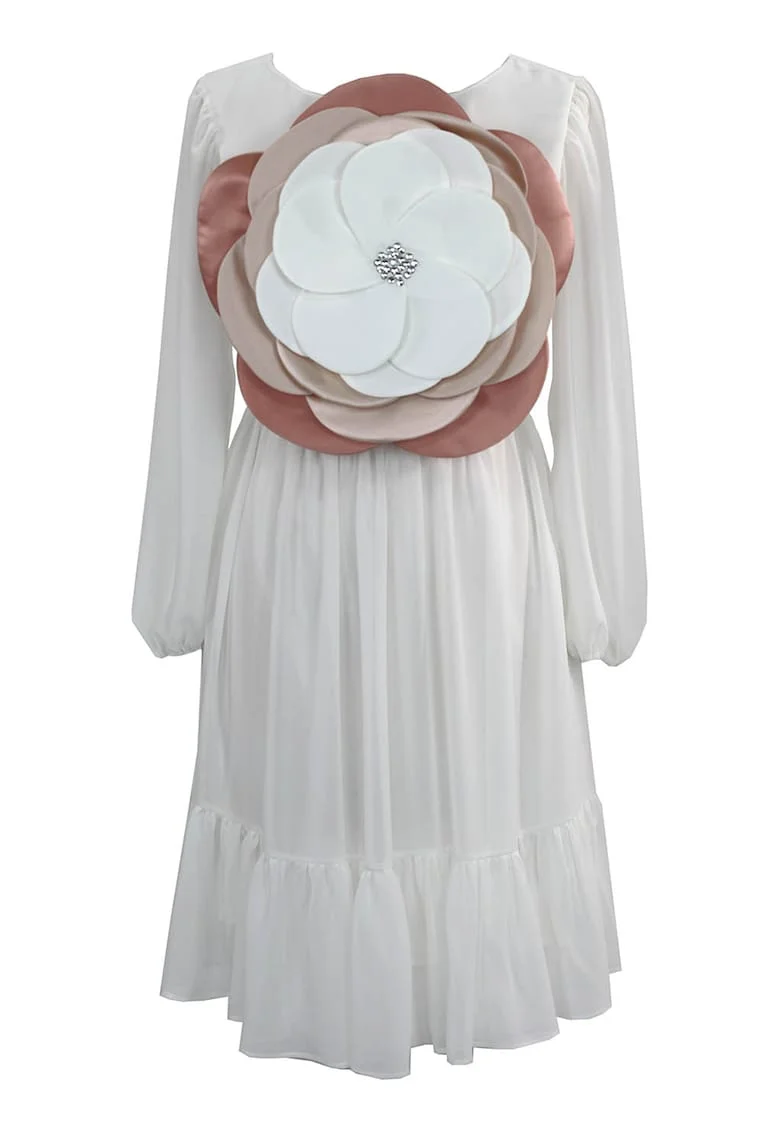 Rochie cu aplicatie florala 3D, Alb/Bej