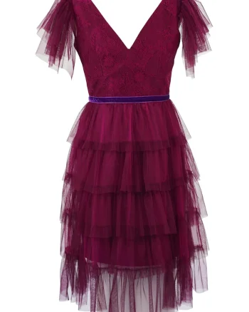 Rochie midi stratificata cu decolteu in V, Visiniu