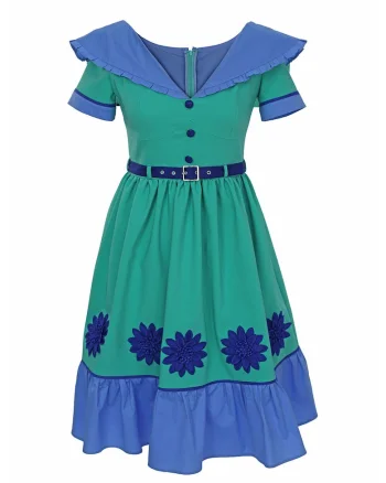 Rochie evazata cu model colorblock si aplicatii florale Gilda, Verde/Albastru