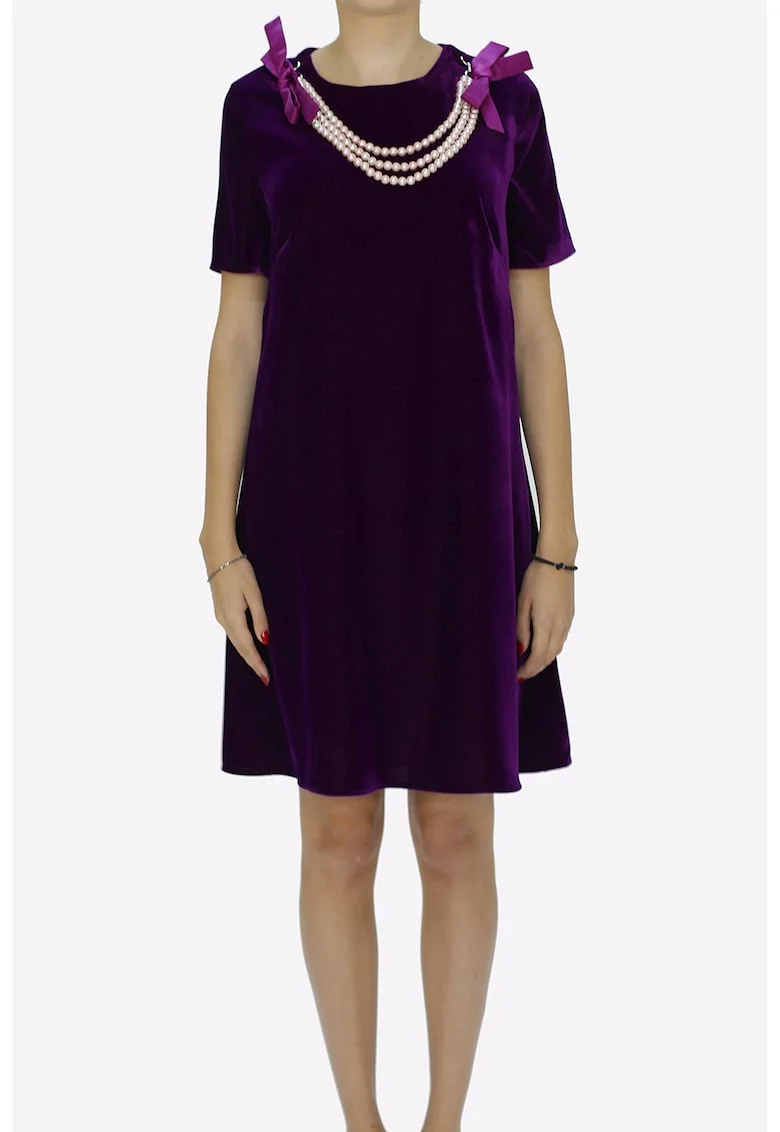 Rochie din catifea cu croiala in A si margele perlate Ama, Violet aubergine