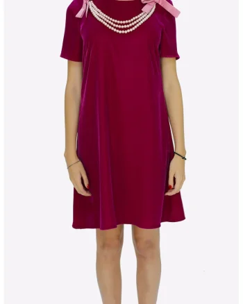 Rochie din catifea cu croiala in A si margele perlate Ama, Roz zmeuriu