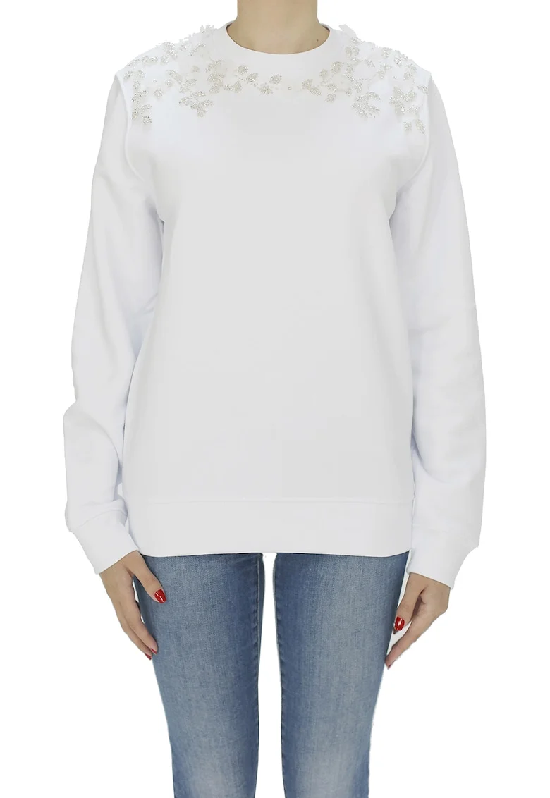 Bluza sport din amestec de bumbac organic cu aplicatii decorative, Alb