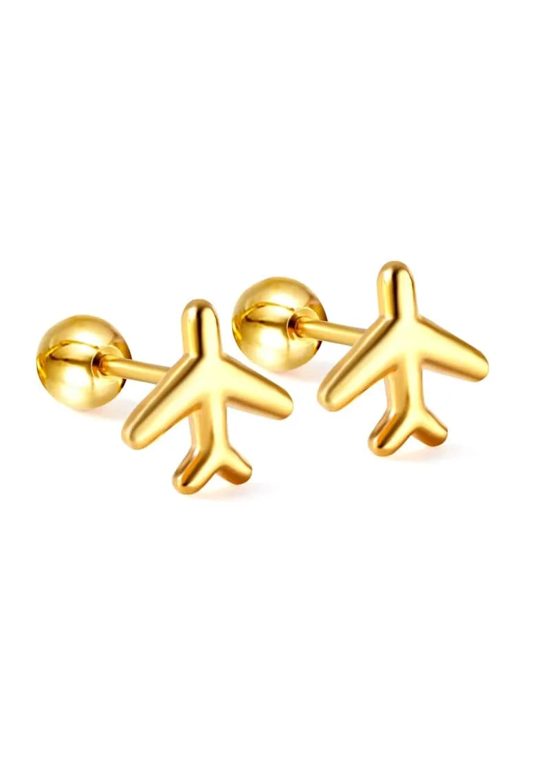 Cercei aurii, din otel inoxidabil, suflati cu aur 18k, forma de avion, Wanderlust Airplane C2