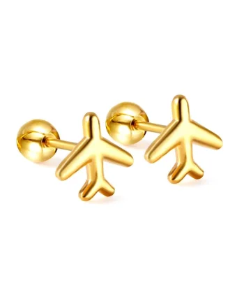 Cercei aurii, din otel inoxidabil, suflati cu aur 18k, forma de avion, Wanderlust Airplane C2