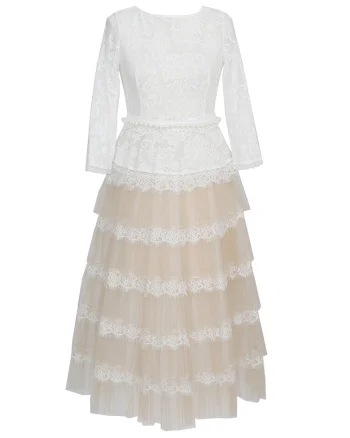 Rochie midi stratificata cu insertii de dantela Marie, Alb/Bej