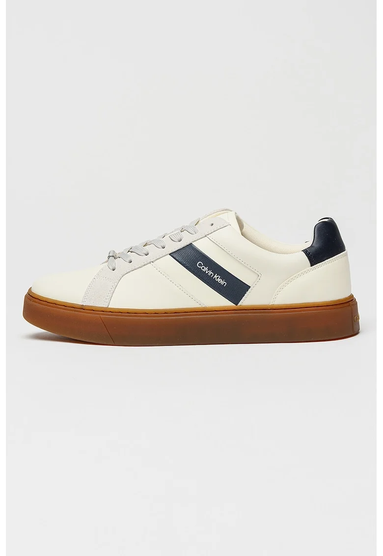 Pantofi sport de piele cu garnituri de piele intoarsa, Caramel/Alb murdar