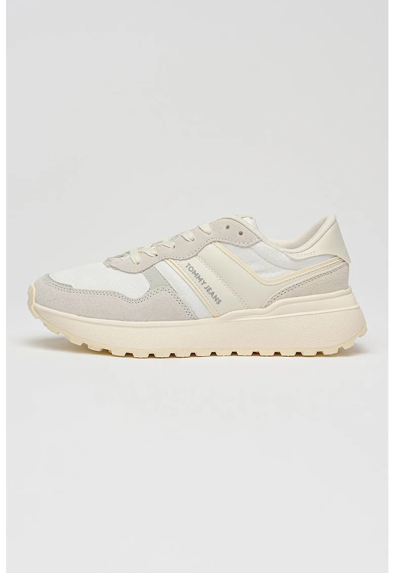 Pantofi sport cu insertii de piele intoarsa, Maro taupe deschis/Crem
