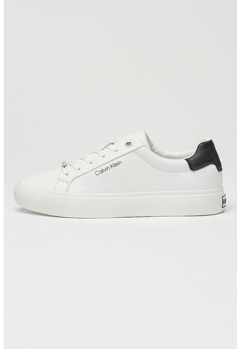 Pantofi sport de piele cu siret si logo Vulc, Negru stins/Alb optic