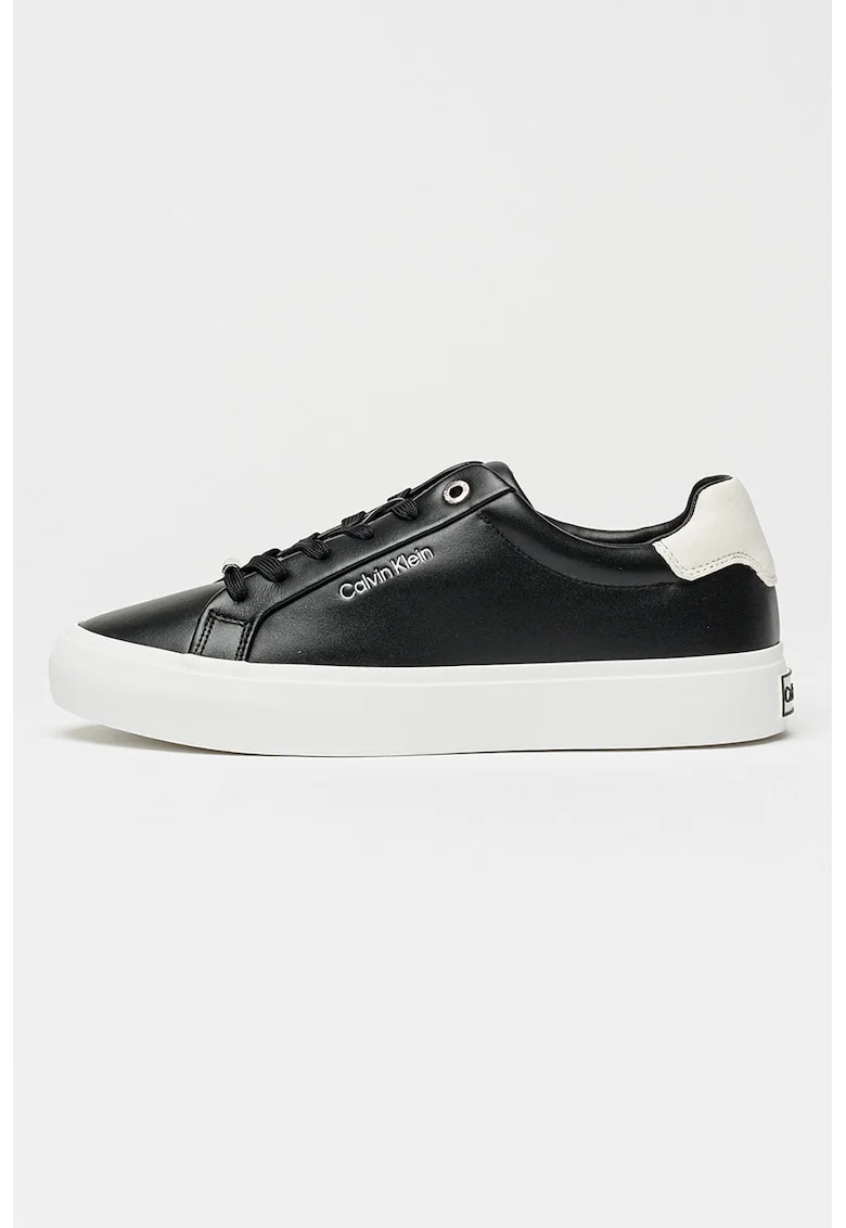 Pantofi sport de piele cu siret si logo Vulc, Negru/Alb optic