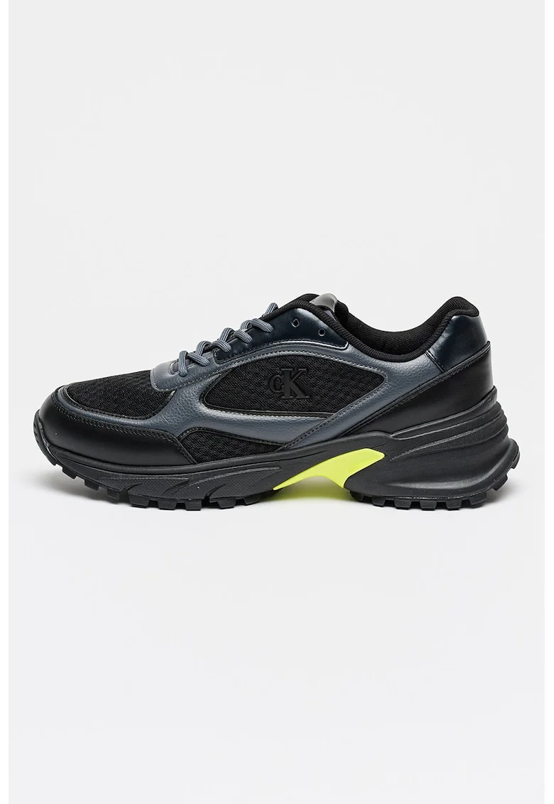 Pantofi sport de piele ecologica cu insertii de plasa, Negru/Verde lime