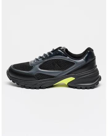 Pantofi sport de piele ecologica cu insertii de plasa, Negru/Verde lime