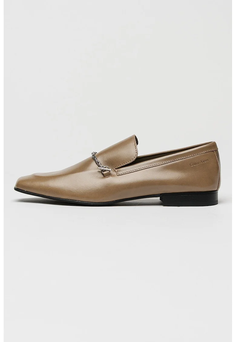 Pantofi loafer de piele intoarsa cu detaliu metalic, Bej inchis
