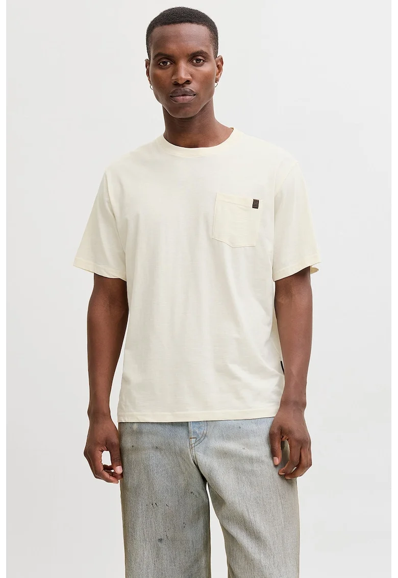 Tricou din amestec de bumbac organic cu buzunar aplicat pe piept, Crem