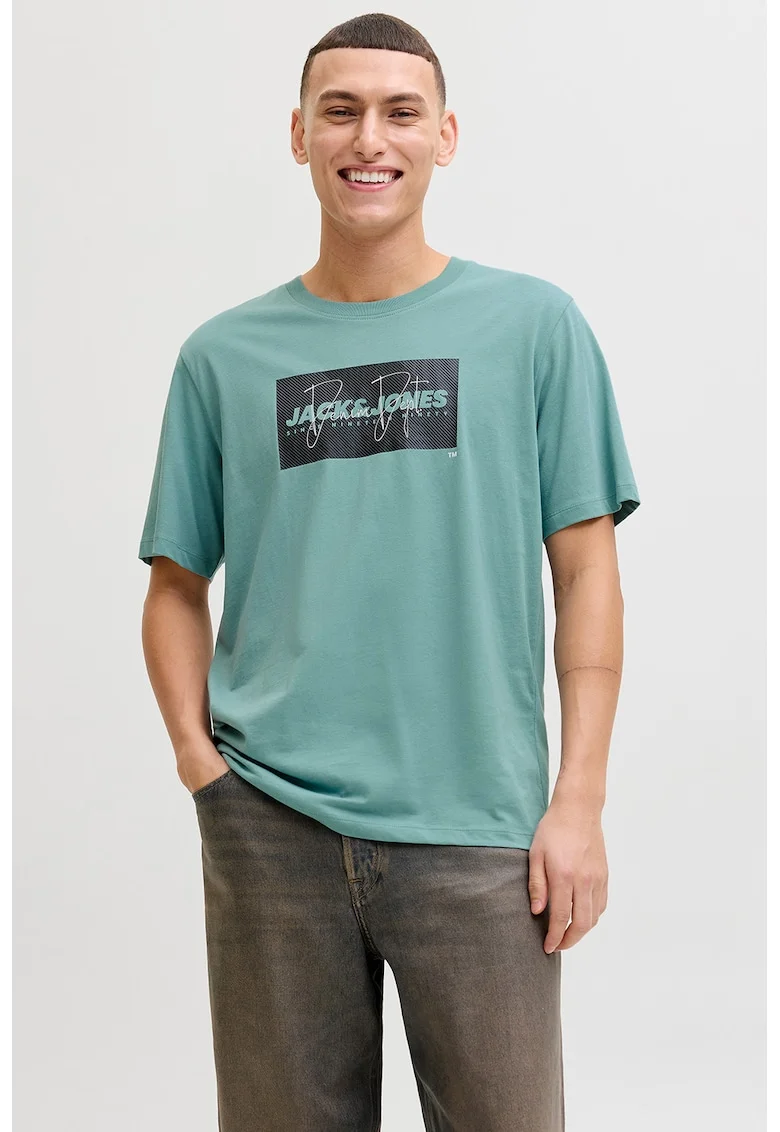 Tricou din bumbac cu imprimeu logo pe piept, Negru/Verde persan