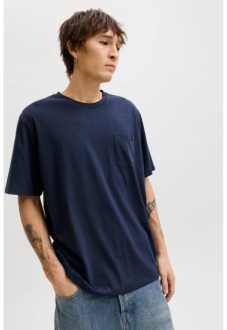 Tricou din amestec de bumbac organic cu buzunar aplicat pe piept, Bleumarin