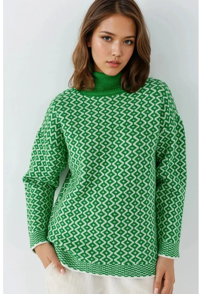 Pulover lung,  model geometric, verde, acril/poliester, One Size