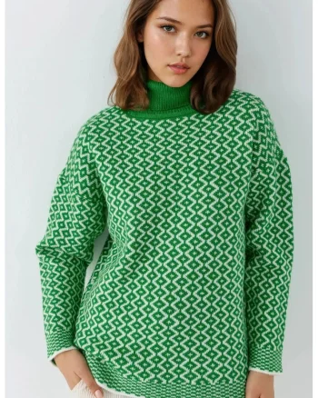 Pulover lung,  model geometric, verde, acril/poliester, One Size