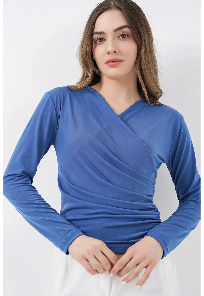 Bluza dama  maneca lunga, dublu-breasted, detalii de incretire, Oxford Blue, jerseu